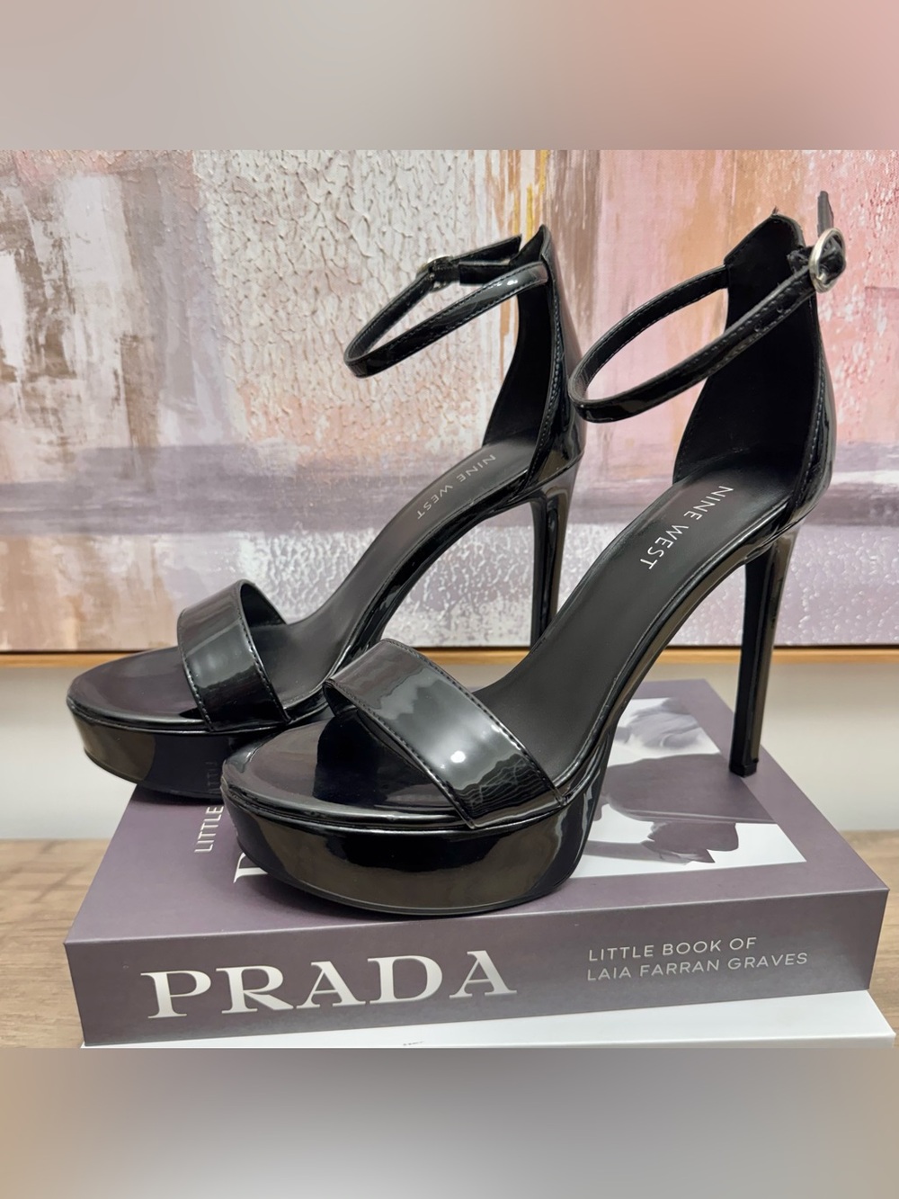 ❤️ Sexy Nine West Black Patent Platform Ankle Strap Stiletto Sandals